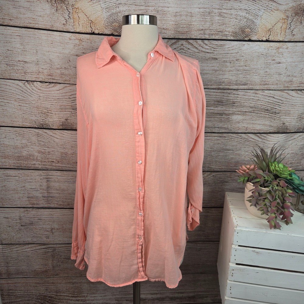 Sundry Peach Gauze Miss You Kiss You Graphic Back Button Down Shirt Size 1 Small
